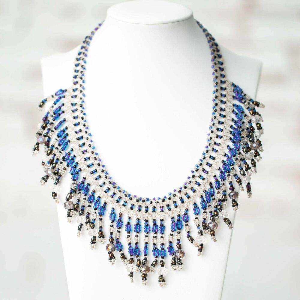Handmade Beaded Fringe Bib Necklace Blue Purple Black Clear Seed Bead Boho